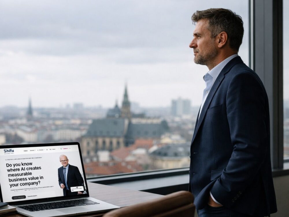 AI strategy executive reviewing business value from artificial intelligence on laptop in modern office