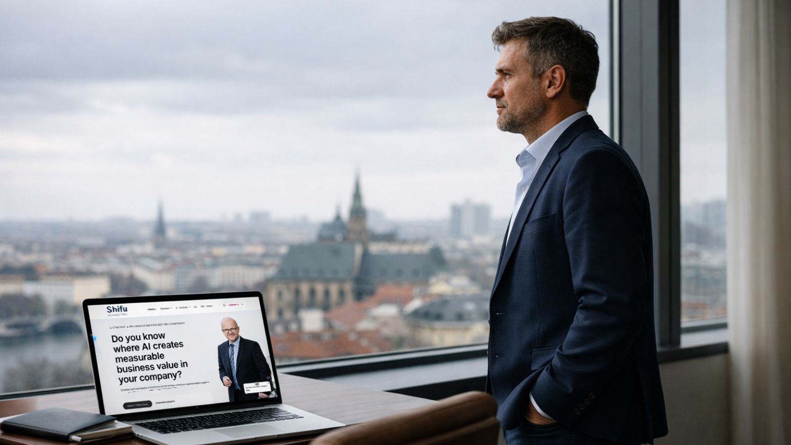 AI strategy executive reviewing business value from artificial intelligence on laptop in modern office