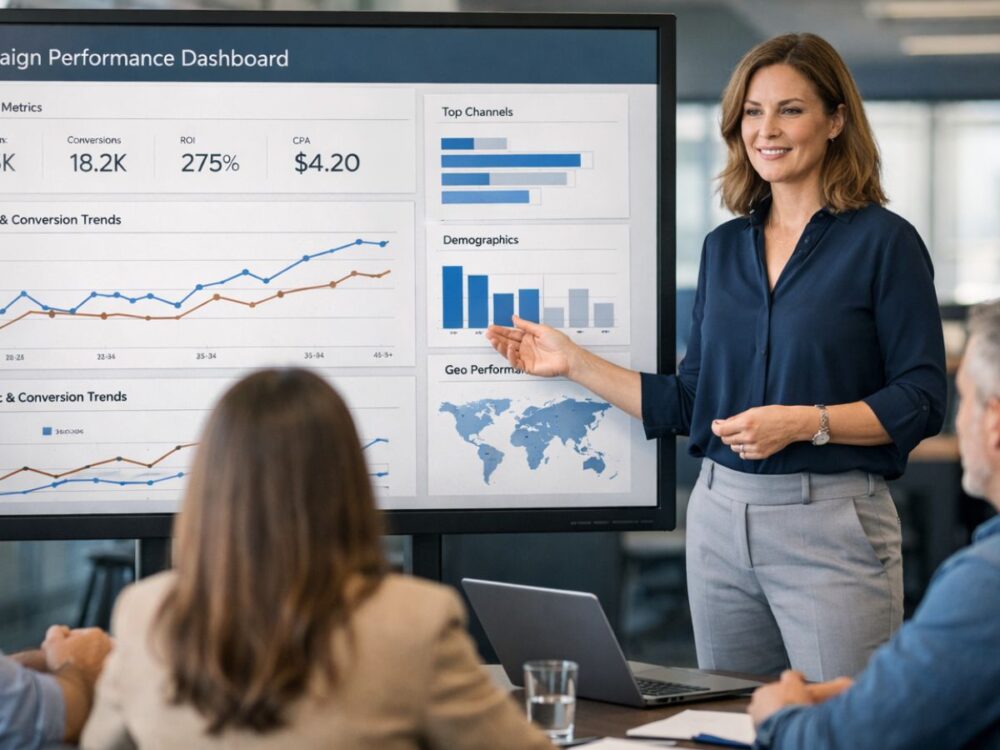 Marketing director presenting AI-powered campaign strategy on screen to small team in modern meeting room