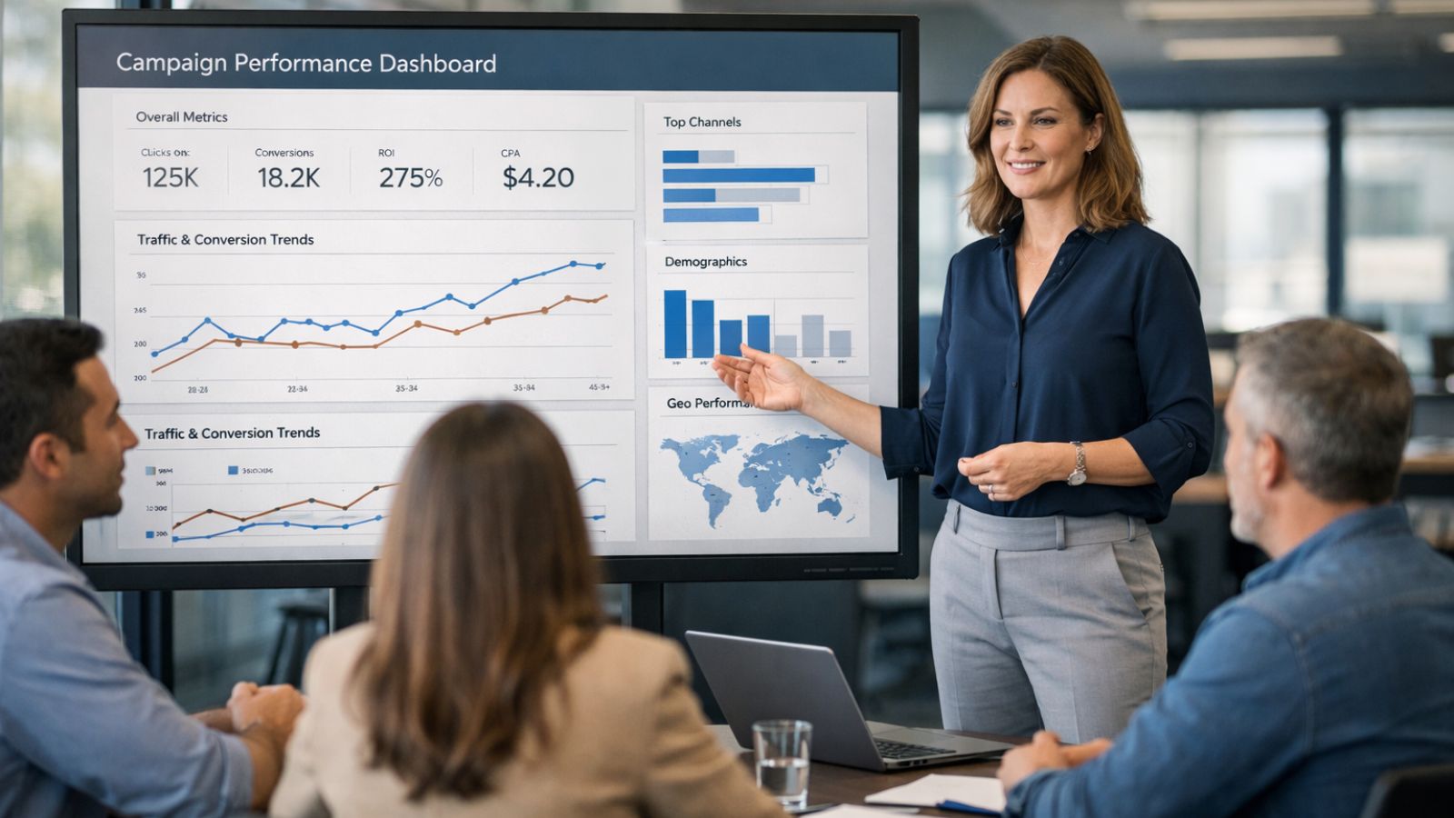 Marketing director presenting AI-powered campaign strategy on screen to small team in modern meeting room