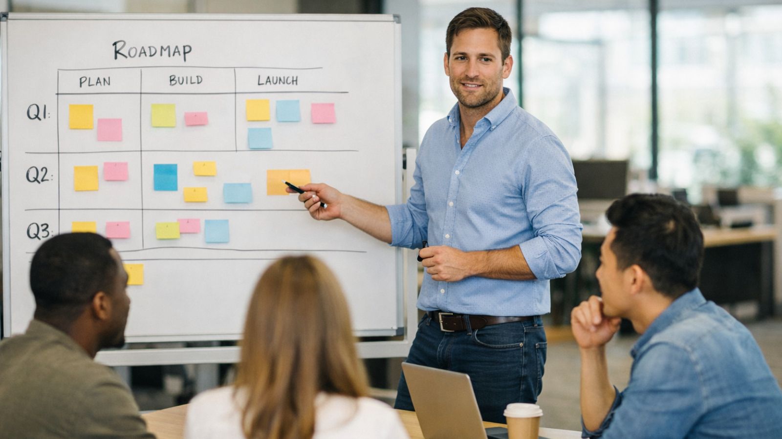 Product manager collaborating with engineering and design team on AI-assisted roadmap in open-plan office