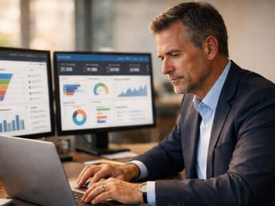 Senior sales director reviewing AI-generated pipeline forecast on laptop in corporate office setting