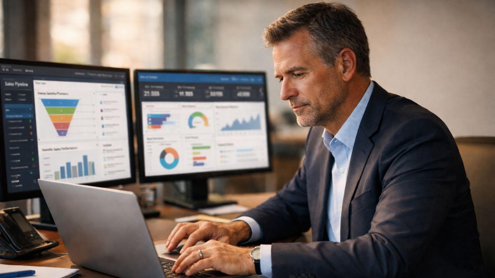 Senior sales director reviewing AI-generated pipeline forecast on laptop in corporate office setting