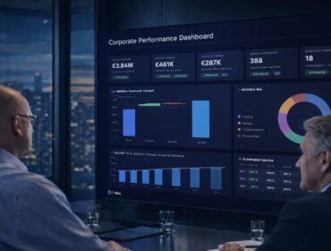 Senior executives reviewing corporate performance dashboard with company KPIs, financial metrics and operational insights