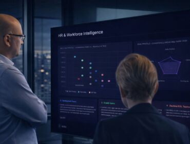 HR leaders reviewing AI workforce dashboard with skills mapping, lifecycle analysis and talent risk insights