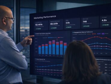 Marketing team analyzing AI dashboard showing campaign performance, pipeline metrics and ROI across channels