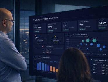 Executives reviewing AI product dashboard with portfolio segmentation, profitability metrics and lifecycle insights