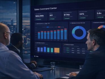 Sales leaders in boardroom reviewing AI dashboard with pipeline, revenue metrics and regional sales performance