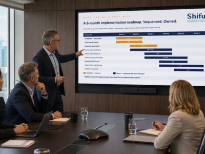 Senior leadership team reviewing a prioritised AI roadmap on a screen in a corporate boardroom