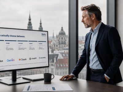 Senior executive comparing AI platform options on screen during AI stack selection in modern office