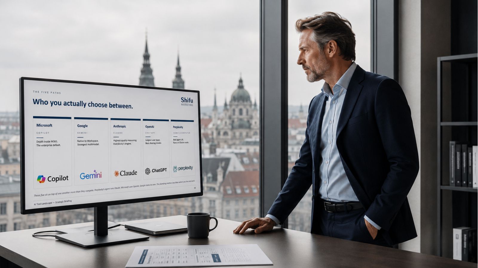 Senior executive comparing AI platform options on screen during AI stack selection in modern office