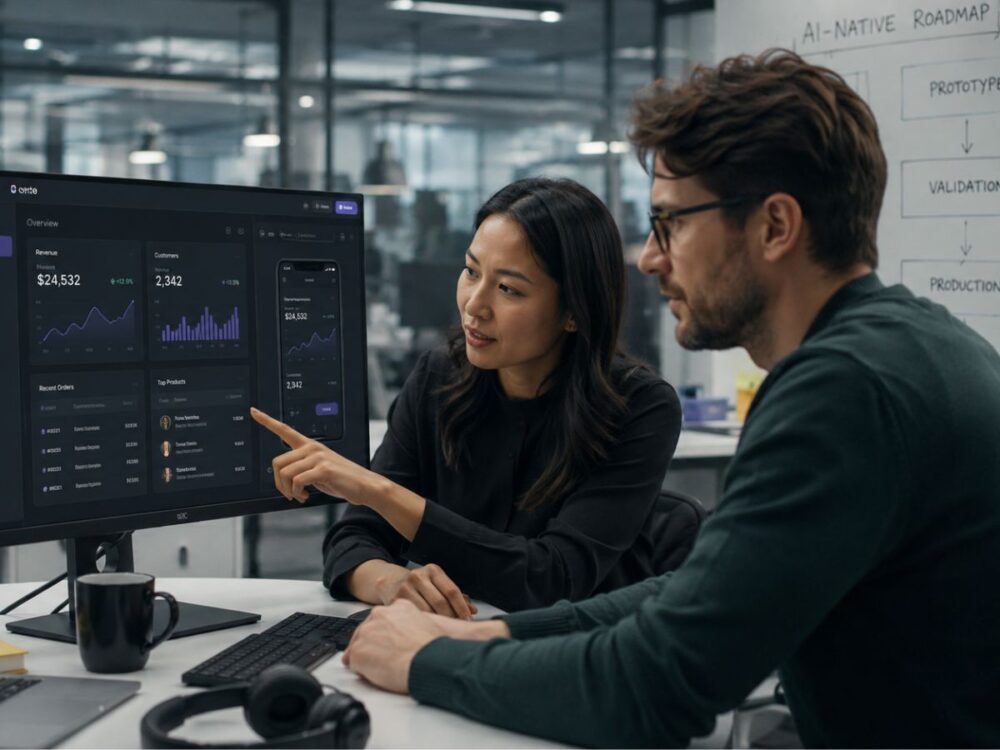 Product manager and developer reviewing an AI-generated software prototype on a laptop in a calm modern office
